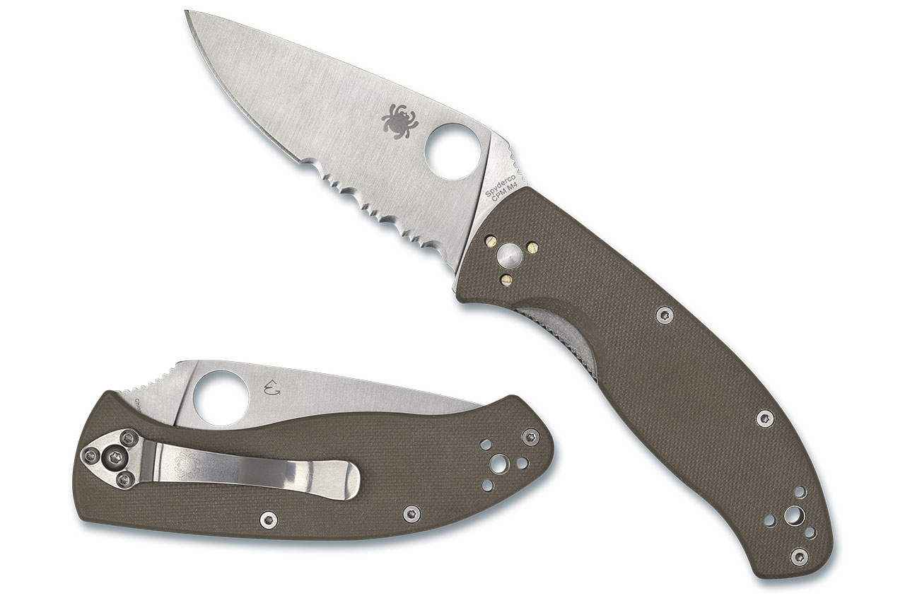 Spyderco Tenacious knife shown with brown G-10 handle and CPM M4 blade, featuring a sleek design and exceptional durability.