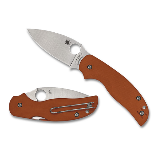 SPYDERCO Sage 5 knife in burnt orange G-10 handle with CPM REX 121 PlainEdge blade, showcasing durability and sharpness.