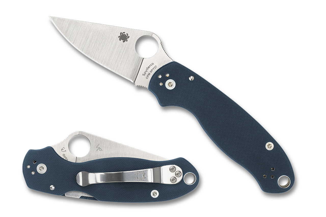 Spyderco Para 3 Cobalt Blue knife showcasing a textured G-10 handle and full-flat ground blade, perfect for everyday carry.