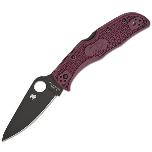 Spyderco SP Endela knife with a maroon textured handle and black blade, showcasing advanced Micro-Melt PD#1 steel.