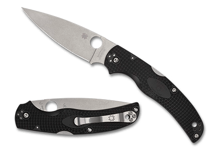 Spyderco Native Chief Black Lightweight knife with sleek design and FRN handle, showcasing both open and closed positions.