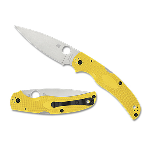 Spyderco Native Chief knife in yellow with CPM MagnaCut steel blade, featuring a full-flat grind and back lock mechanism.