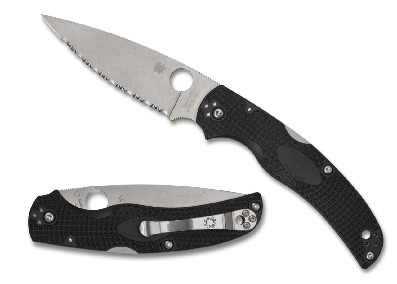 Spyderco Native Chief Black Lightweight folding knife with serrated blade and textured handle, ideal for everyday carry.