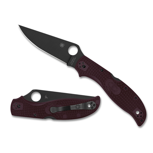 SPYDERCO SP Stretch 2 XL knife in burgundy with black PlainEdge blade, showcasing lightweight design and ergonomic handle.