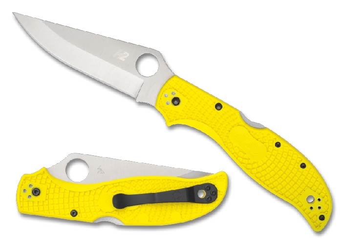 Spyderco Stretch 2 knife featuring a yellow handle, stainless steel blade, and compact foldable design for easy carrying.