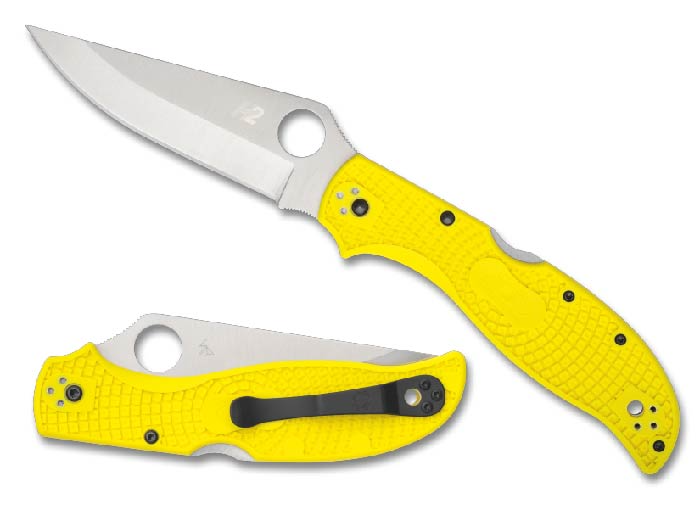 Spyderco Stretch 2 lightweight folding knife with yellow handle, featuring a sharp stainless steel blade.