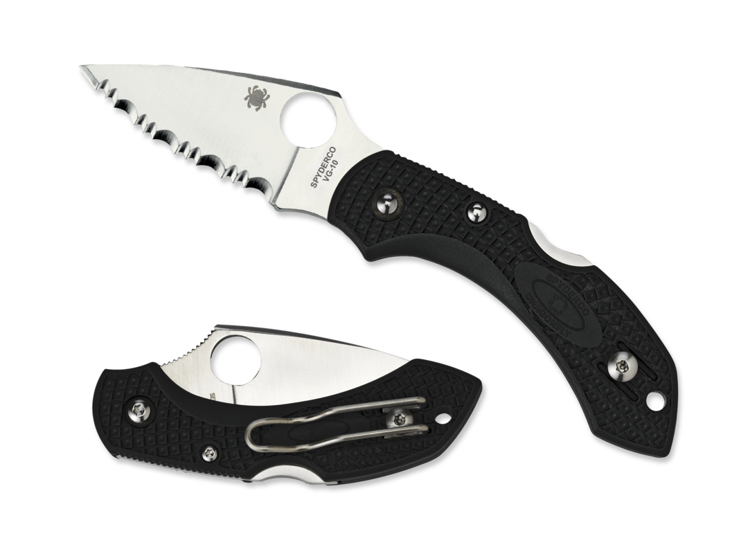 Spyderco Dragonfly knife with serrated blade and black textured handle, showcasing premium craftsmanship and compact design.