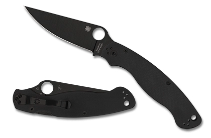 Spyderco Military 2 knife with black G-10 handle and stealthy black blade, ideal for duty-bound applications.