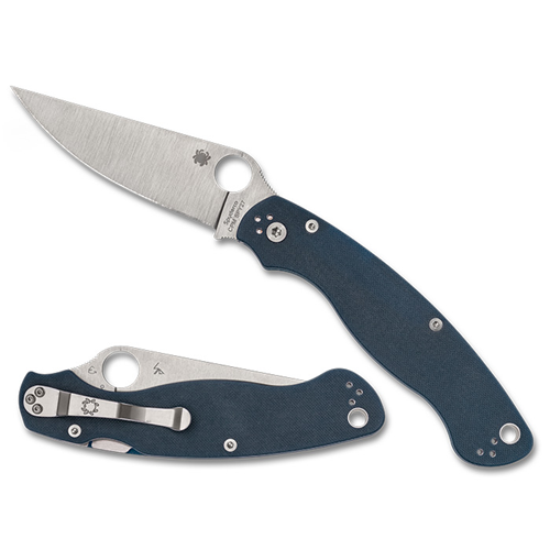 Spyderco Military 2 knife featuring CPM SPY27 steel blade and four-position pocket clip, set against a sleek background.