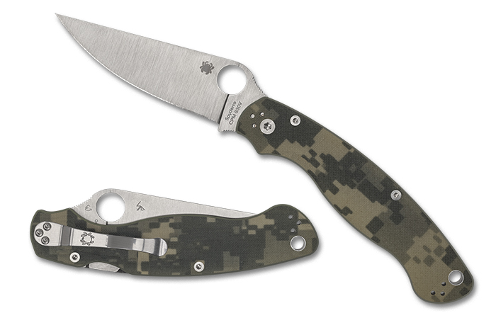 Spyderco Military 2 knife with camouflage G-10 handle and stainless steel blade, showcasing innovative design features.