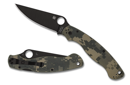 Spyderco Military 2 knife with camo G-10 handle and black DLC blade, showcasing tactical design and durability.