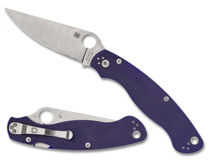 Spyderco Military 2 knife with CPM S110V blade and purple handle, featuring Compression Lock and four-position pocket clip.