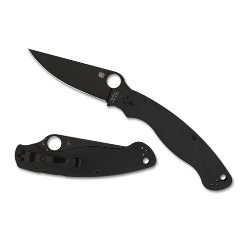 Spyderco Military 2 knife with black G-10 handle and black DLC-coated blade, designed for optimal performance and stealth.