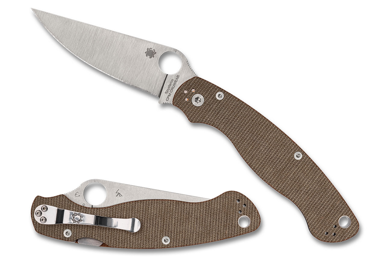 Spyderco Military 2 pocket knife featuring a sleek design and brown textured handle, showcasing its tactical edge and craftsmanship.