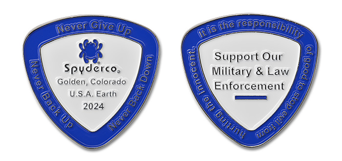 Spyderco COIN 2024 featuring messages of support for military and law enforcement, showcasing company values and unity.