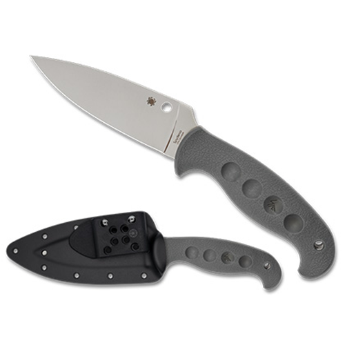 Spyderco Temperance knife with gray FRN handle and sheath, featuring a full-flat-ground CPM CRU-WEAR blade design.