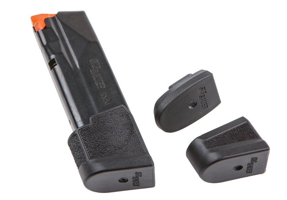 SIG SAUER P365-XMACRO 17-round magazine with interchangeable floor plates and orange follower for easy identification.