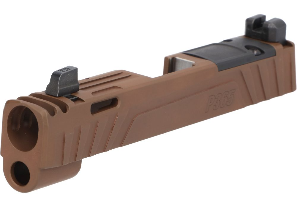 SIG SAUER P365X Spectre Comp Slide Assembly in brown, showcasing integrated compensator and factory design for 9mm models.