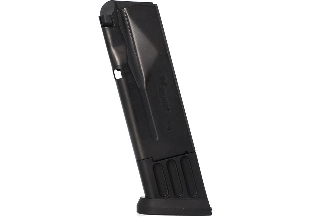 SIG SAUER P365-XMACRO 10-round black steel magazine for 9mm Luger with witness holes for capacity confirmation.