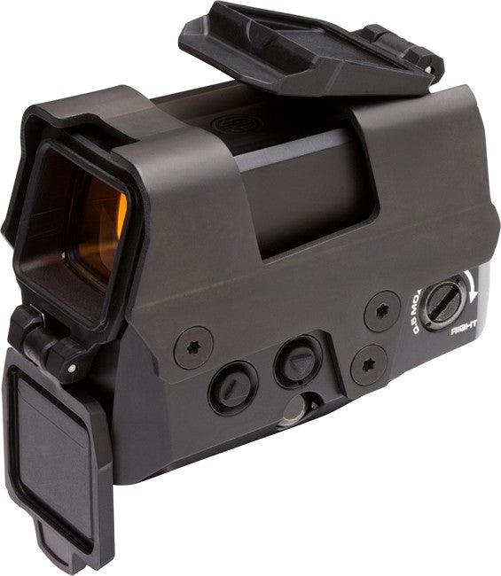 SIG SAUER ROMEO8T 1x38mm Red Dot Sight with lens cover and controls, designed for modern firearms and shotguns.
