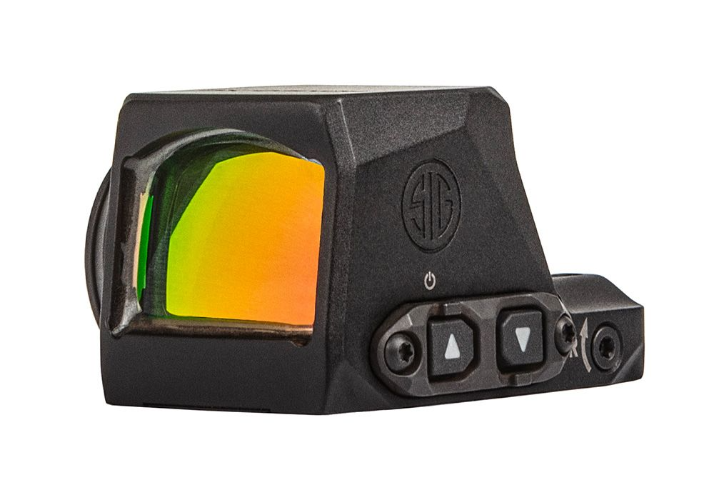 SIG SAUER ROMEO-X red-dot sight with 7075 aluminum housing and intuitive adjustment buttons, featuring vibrant lens reflection.