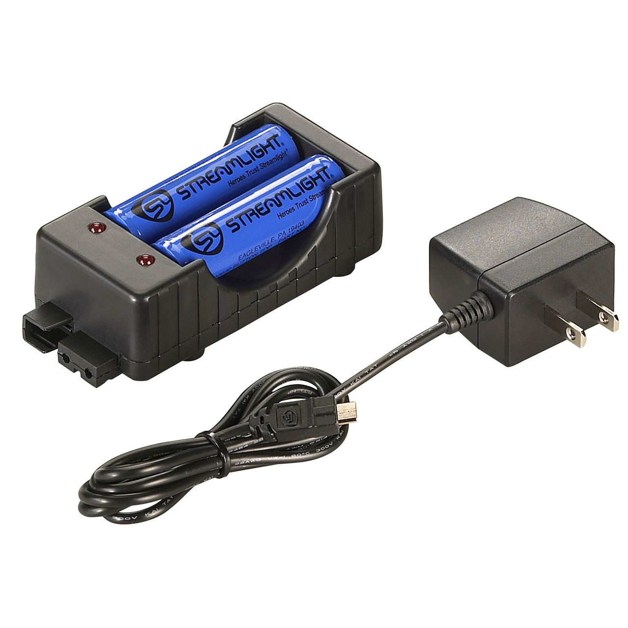 Streamlight SLB-26 Charger Kit with two Lithium-Ion batteries and AC adapter for efficient charging.