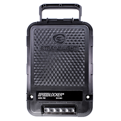 Streamlight SpeedLocker portable storage container with mechanical keypad for secure firearm storage and 31 lock combinations.