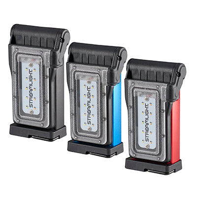 Streamlight Flipmate LED rechargeable work lights in black, blue, and red, showcasing compact design for versatile lighting.