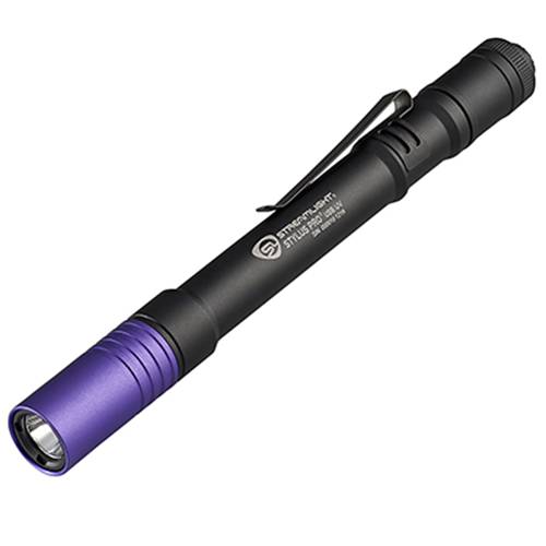 Compact Streamlight Stylus Pro USB UV penlight with ultraviolet LED, perfect for detecting leaks and fraudulent documents.