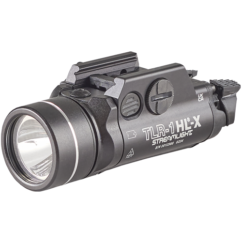 Streamlight TLR-1 HL-X weapon light with rail locating keys and two CR123A batteries, black finish, 1500 lumens output.