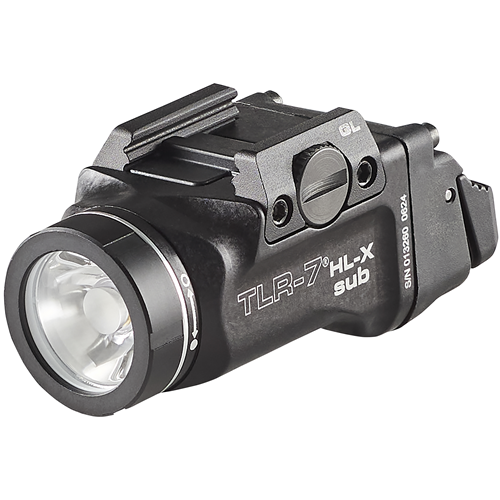 Streamlight TLR-7 HL-X sub USB black weapon light designed for GLOCK 43X/48 with mounting kit and USB-C cord.