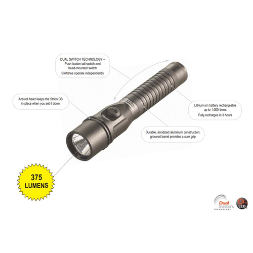 Streamlight Strion DS flashlight with Dual Switch Technology, 375 lumens, and rechargeable lithium-ion battery for durability.