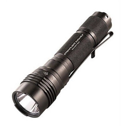 Black flashlight with visible brand logo on a white background
