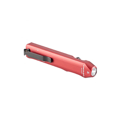 Streamlight Wedge compact flashlight in red with USB-C cord and lanyard, featuring a rotating thumb switch for easy use.