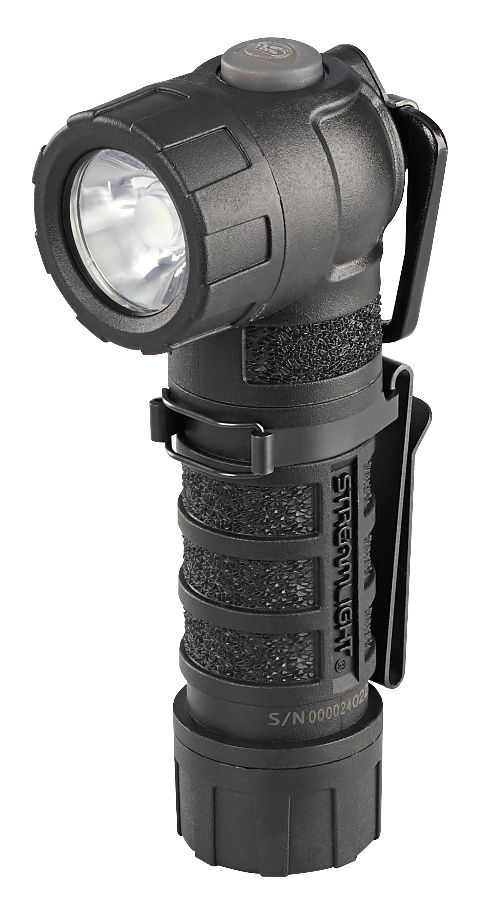 Streamlight PolyTac 90X USB right-angle rechargeable flashlight with textured grip and clip for easy handling.
