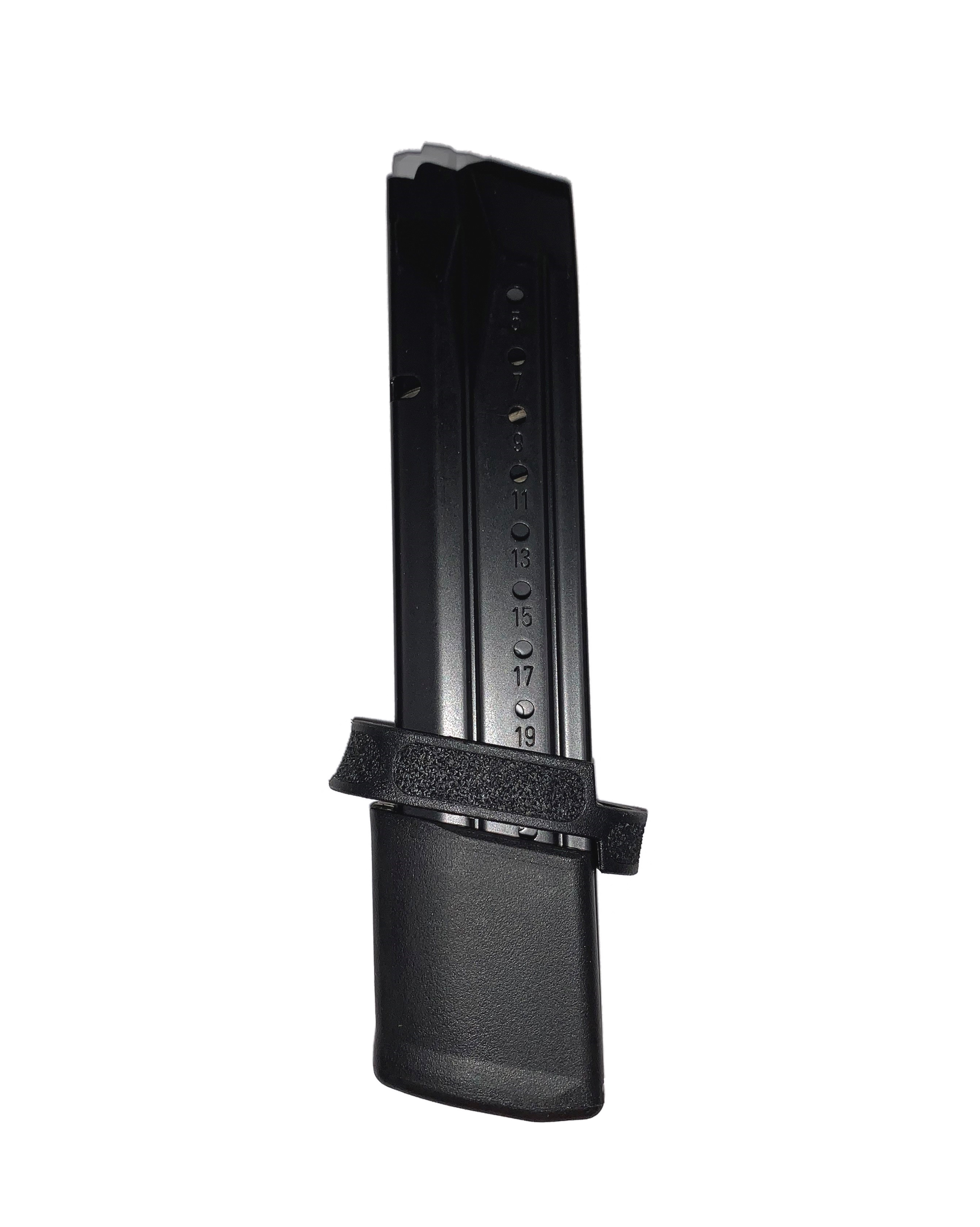 Smith & Wesson M&P magazine with a double stack design and polymer baseplate, ideal for firearm enthusiasts.