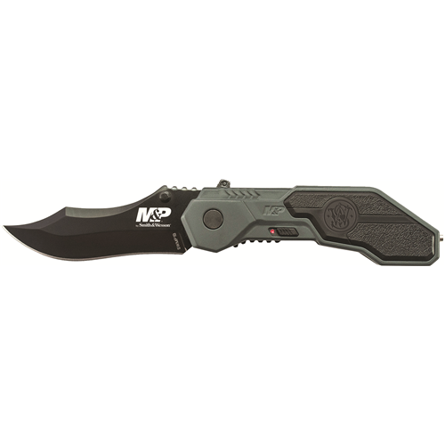 Smith & Wesson Military Police Magic Scooped knife featuring a dark gray aluminum handle and clip point blade.