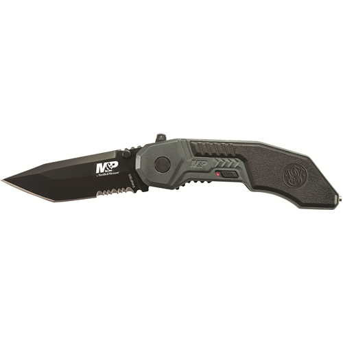 Smith & Wesson Military Police Magic Assisted Tanto knife with ergonomic grip and black tanto blade, ideal for multipurpose use.