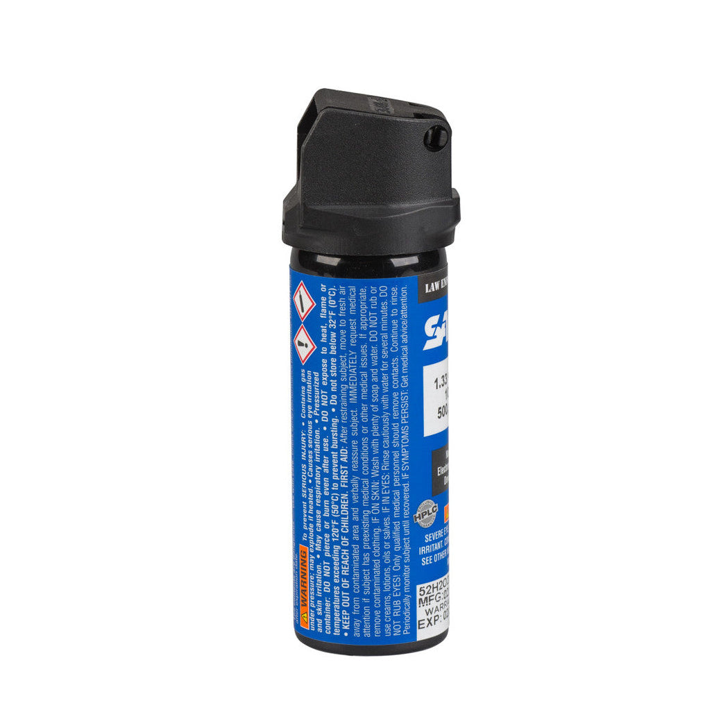 Pepper spray canister with blue label on a white background