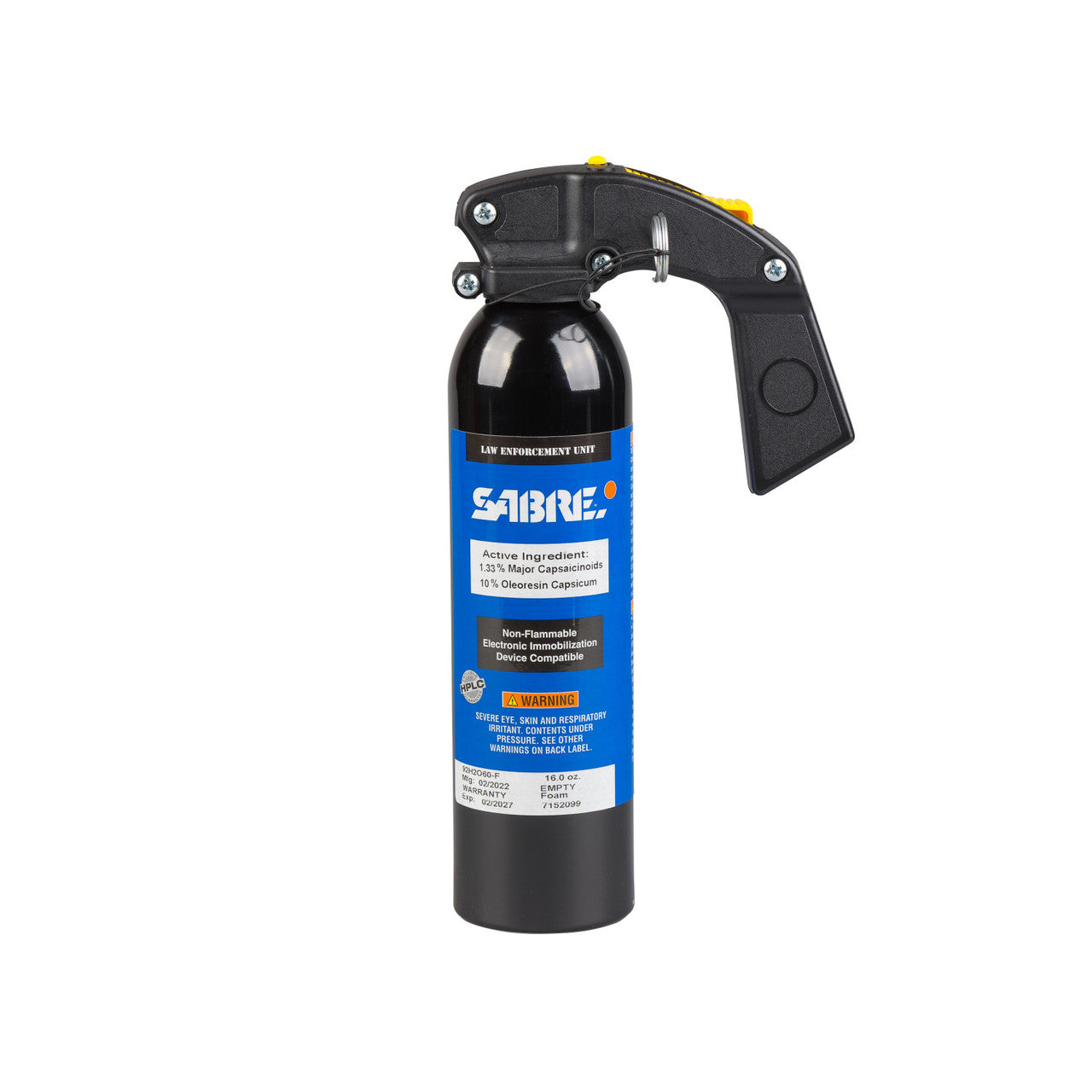 Sabre pepper spray canister with blue label on a white background
