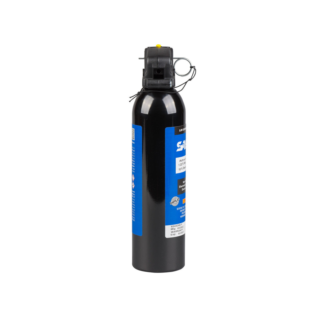 Black pepper spray canister with blue label on a white background