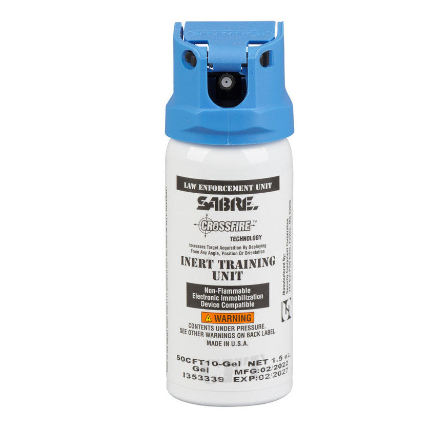 SABRE pepper spray canister with blue cap on a white background