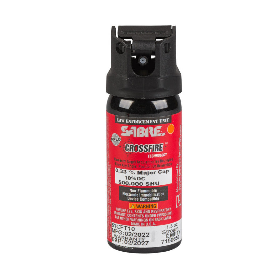 Pepper spray canister with red label on a white background