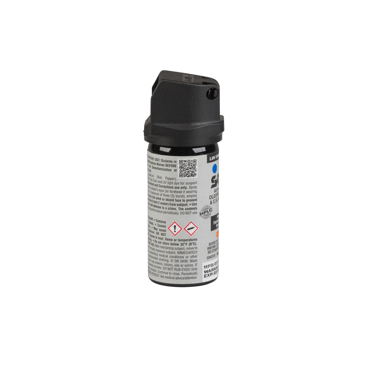 Black pepper spray canister with label on a white background