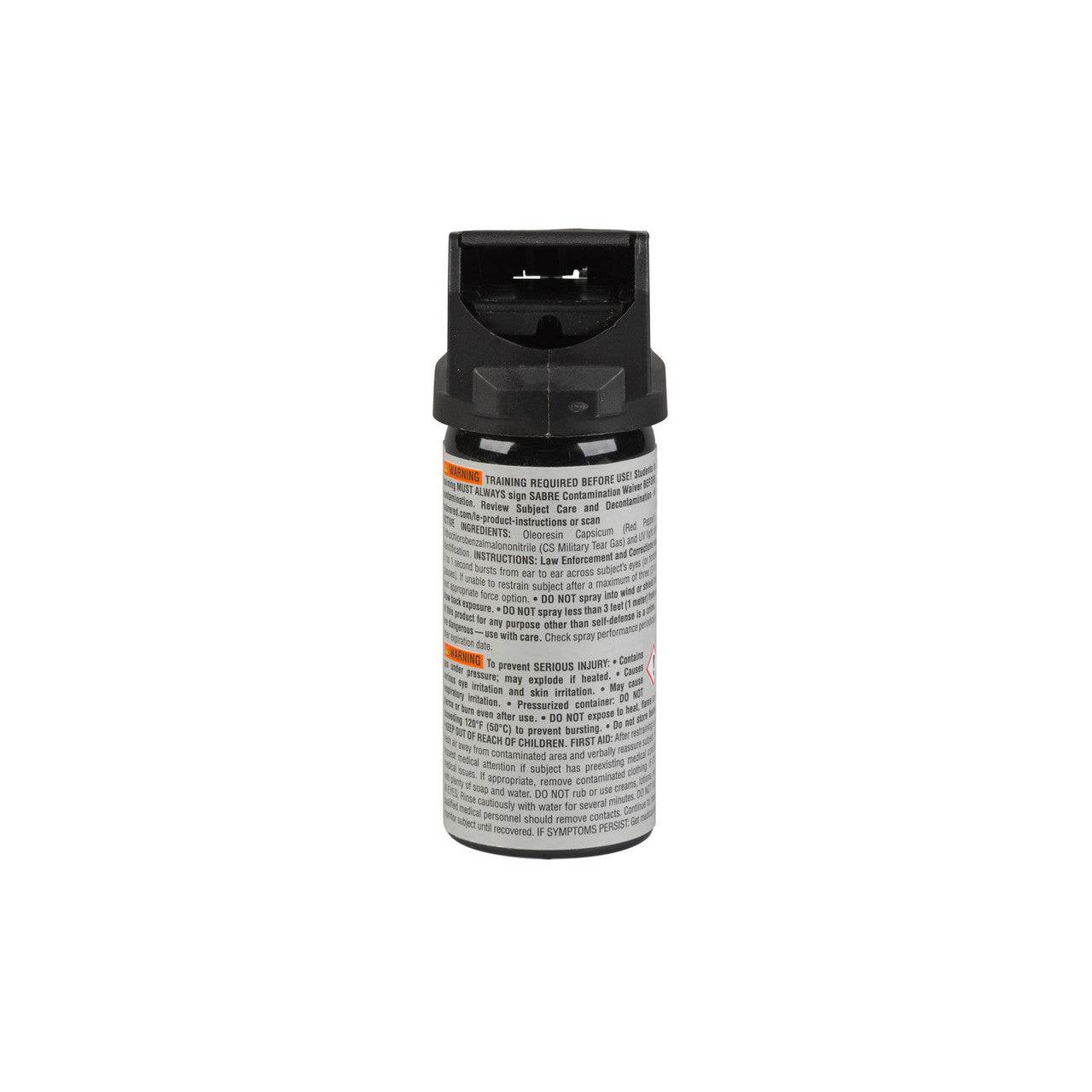 Black pepper spray canister with label on a white background