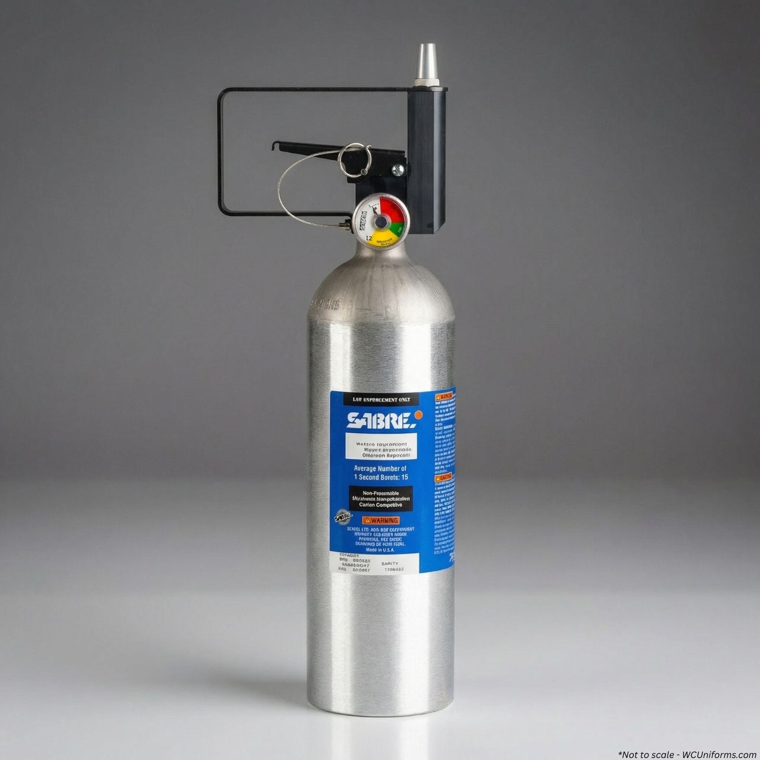 Metallic cylinder with Sabre branding on a gray background