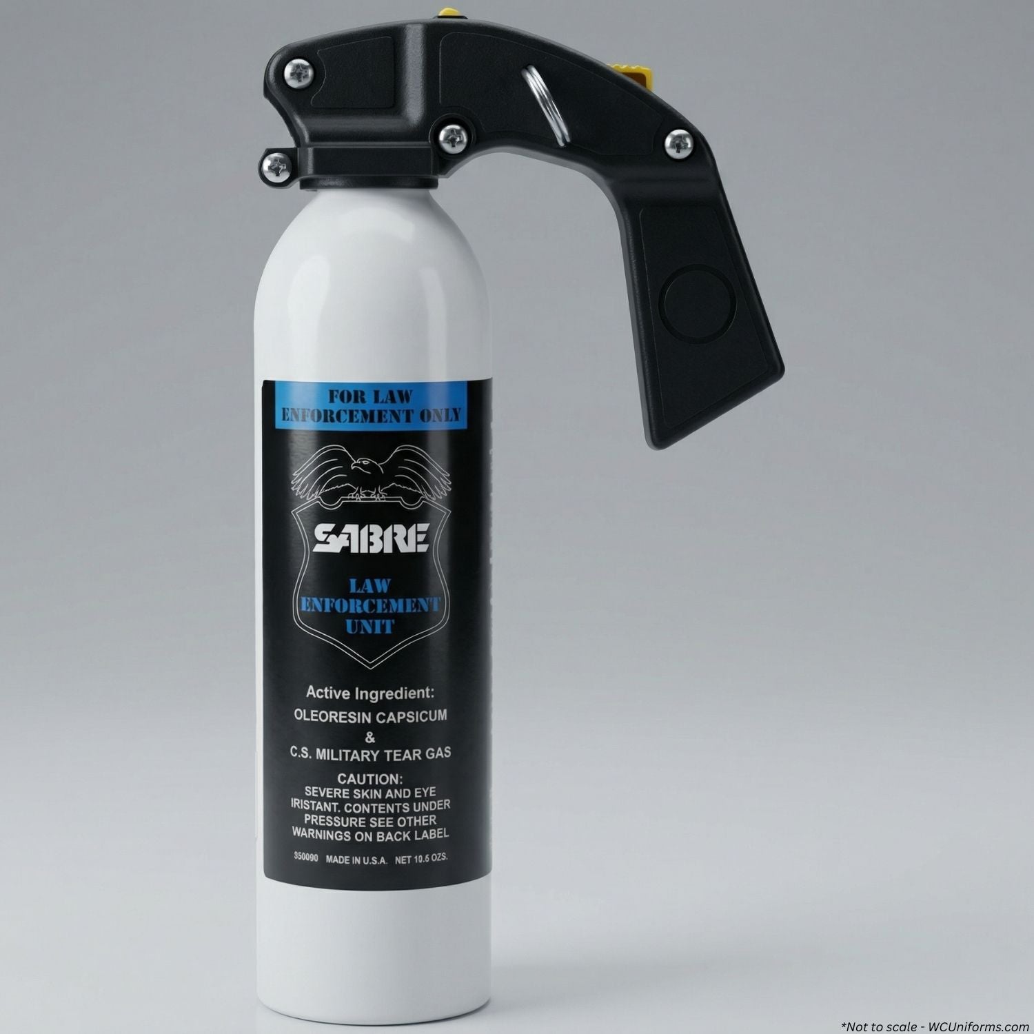 SABRE tear gas canister with black and white design on a gray background