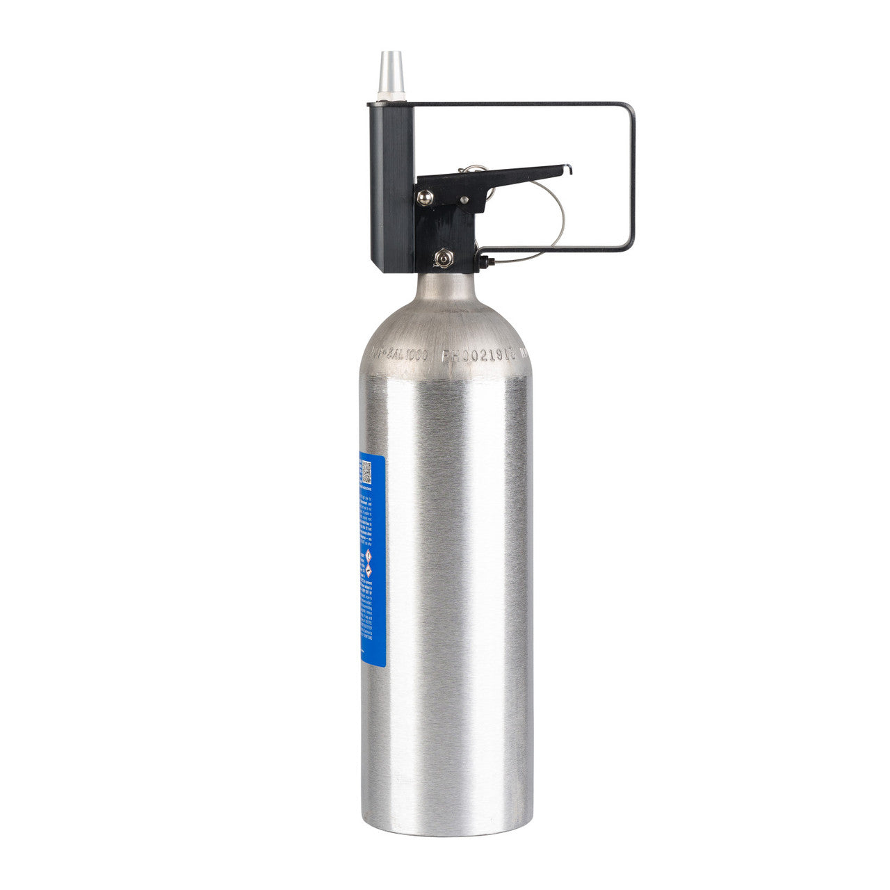 Silver CO2 tank with black valve on a white background