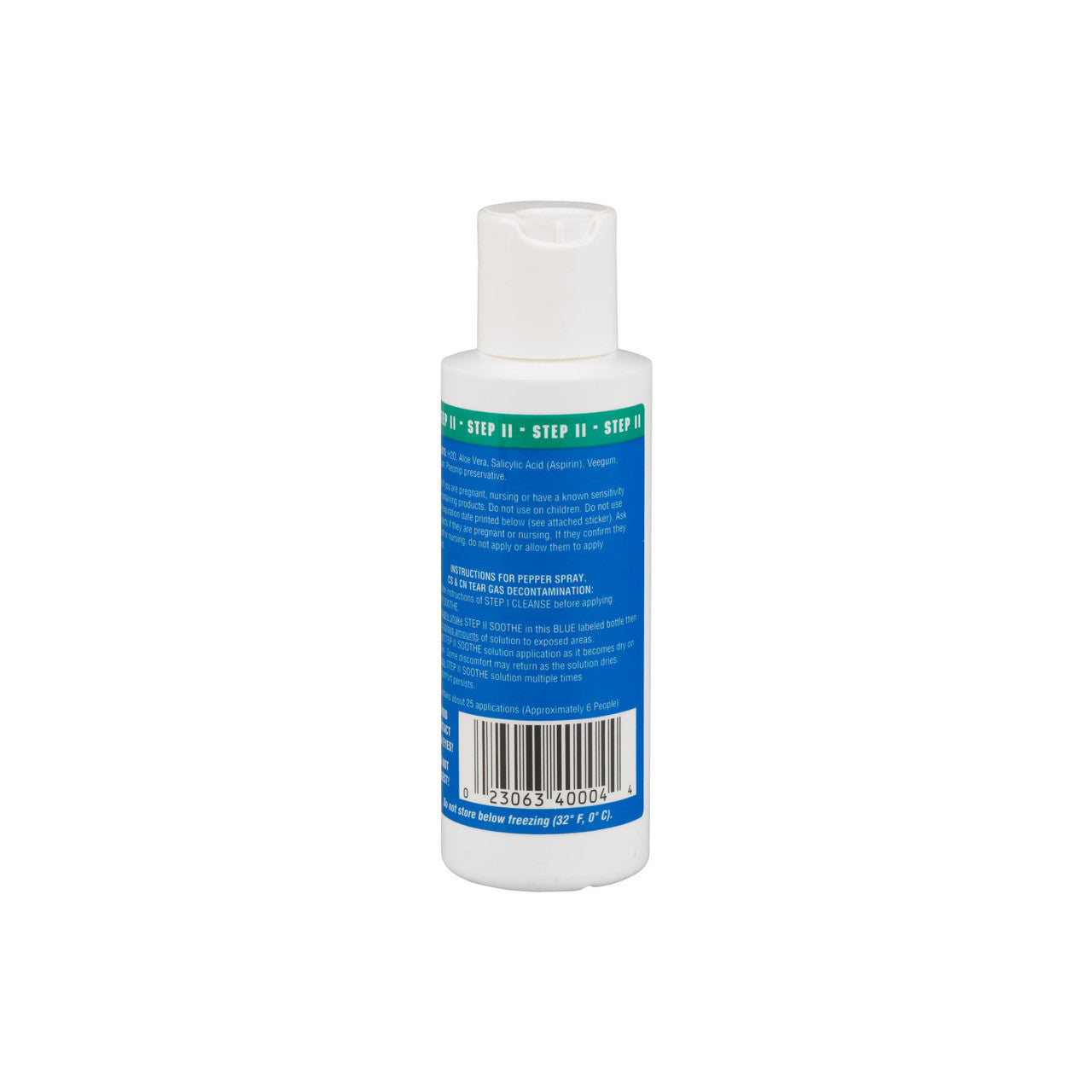 Bottle with blue label and white cap on a white background