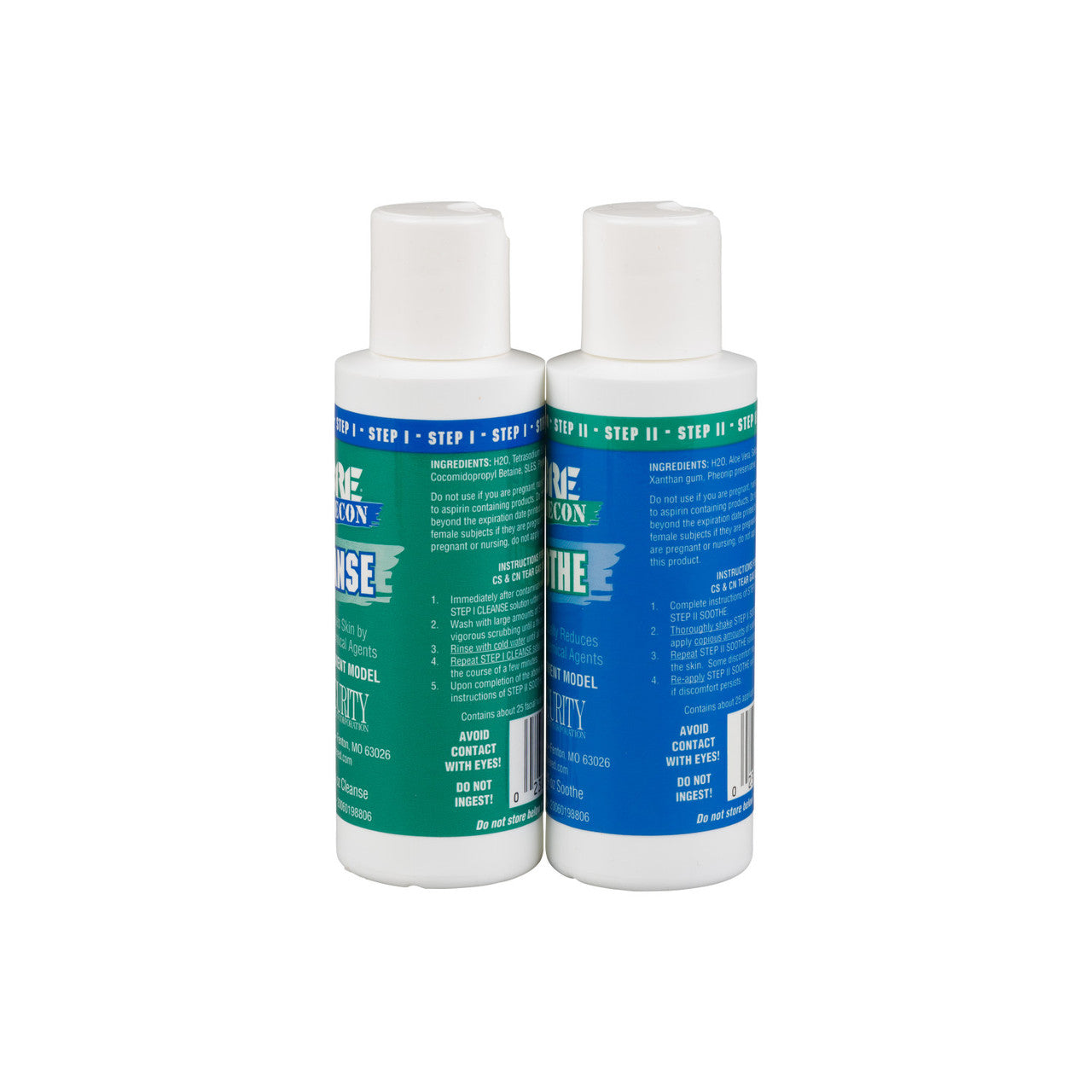 Two bottles of a product with blue labels on a white background